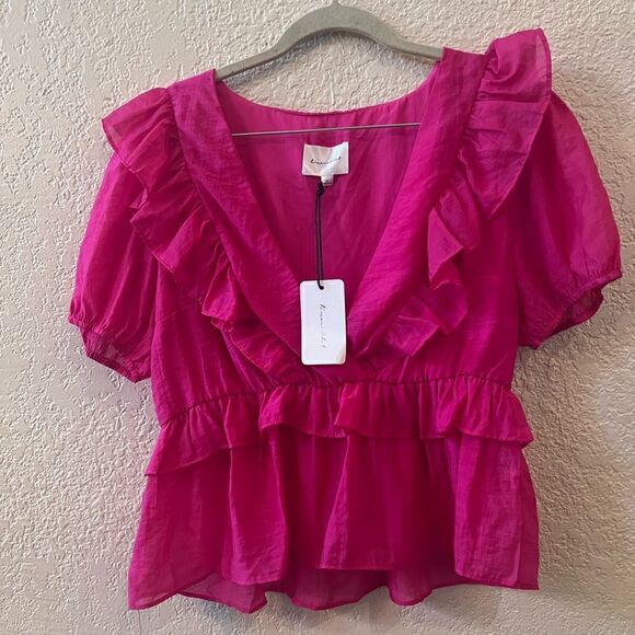 Line & Dot Ruffle Blouse Size Large Pink Fuchsia V-neck Ruffles Peplum Neck New - Picture 2 of 7